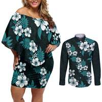 Hawaiian Hibiscus Tribal Floral Teal Couples Matching Off Shoulder Short Dress and Long Sleeve Button Shirt Polynesian Tapa Pattern LT01 Teal - Polynesian Pride