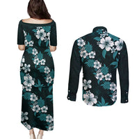 Hawaiian Hibiscus Tribal Floral Teal Couples Matching Puletasi and Long Sleeve Button Shirt Polynesian Tapa Pattern LT01 - Polynesian Pride