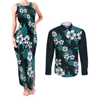 Hawaiian Hibiscus Tribal Floral Teal Couples Matching Tank Maxi Dress and Long Sleeve Button Shirt Polynesian Tapa Pattern LT01 Teal - Polynesian Pride