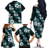 Hawaiian Hibiscus Tribal Floral Teal Family Matching Off The Shoulder Long Sleeve Dress and Hawaiian Shirt Polynesian Tapa Pattern LT01 - Polynesian Pride