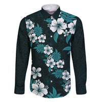 Hawaiian Hibiscus Tribal Floral Teal Family Matching Off Shoulder Maxi Dress and Hawaiian Shirt Polynesian Tapa Pattern LT01 Dad's Shirt - Long Sleeve Teal - Polynesian Pride