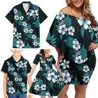 Hawaiian Hibiscus Tribal Floral Teal Family Matching Off Shoulder Short Dress and Hawaiian Shirt Polynesian Tapa Pattern LT01 - Polynesian Pride