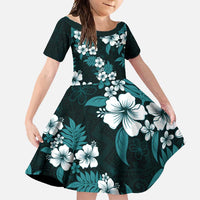 Hawaiian Hibiscus Tribal Floral Teal Family Matching Summer Maxi Dress and Hawaiian Shirt Polynesian Tapa Pattern LT01 Daughter's Dress Teal - Polynesian Pride