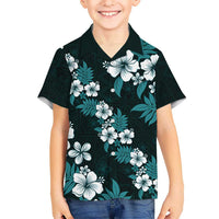 Hawaiian Hibiscus Tribal Floral Teal Kid Hawaiian Shirt Polynesian Tapa Pattern - Polynesian Pride