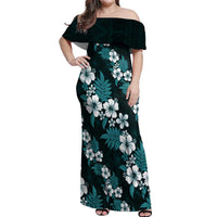 Hawaiian Hibiscus Tribal Floral Teal Off Shoulder Maxi Dress Polynesian Tapa Pattern - Polynesian Pride