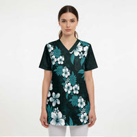 Hawaiian Hibiscus Tribal Floral Teal Scrub Top Polynesian Tapa Pattern - Polynesian Pride