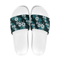 Hawaiian Hibiscus Tribal Floral Teal Slide Sandals Polynesian Tapa Pattern - Polynesian Pride