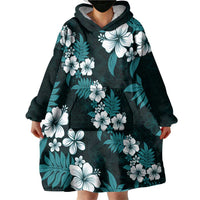Hawaiian Hibiscus Tribal Floral Teal Wearable Blanket Hoodie Polynesian Tapa Pattern - Polynesian Pride