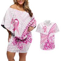 Personalised New Zealand Pink Fern Breast Cancer Couples Matching Off Shoulder Short Dress and Hawaiian Shirt Polynesian Pattern LT01 Pink - Polynesian Pride