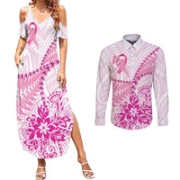 Personalised New Zealand Pink Fern Breast Cancer Couples Matching Summer Maxi Dress and Long Sleeve Button Shirt Polynesian Pattern LT01 Pink - Polynesian Pride
