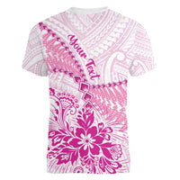 Personalised New Zealand Pink Fern Breast Cancer Women V-Neck T-Shirt Polynesian Pattern LT01 - Polynesian Pride