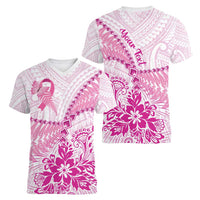 Personalised New Zealand Pink Fern Breast Cancer Women V-Neck T-Shirt Polynesian Pattern LT01 - Polynesian Pride