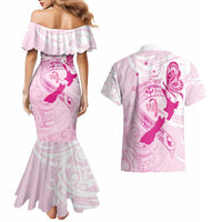 Personalised Aotearoa Breast Cancer Couples Matching Mermaid Dress and Hawaiian Shirt New Zealand Maori Pattern LT01 - Polynesian Pride
