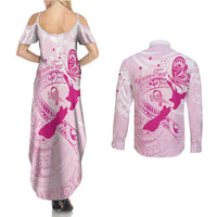 Personalised Aotearoa Breast Cancer Couples Matching Summer Maxi Dress and Long Sleeve Button Shirt New Zealand Maori Pattern