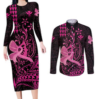 Hawaii Breast Cancer Couples Matching Long Sleeve Bodycon Dress and Long Sleeve Button Shirt Girl Floral Kakau Pattern LT01 Pink - Polynesian Pride