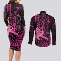 Hawaii Breast Cancer Couples Matching Long Sleeve Bodycon Dress and Long Sleeve Button Shirt Girl Floral Kakau Pattern LT01 - Polynesian Pride