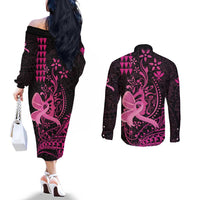 Hawaii Breast Cancer Couples Matching Off The Shoulder Long Sleeve Dress and Long Sleeve Button Shirt Girl Floral Kakau Pattern LT01 - Polynesian Pride
