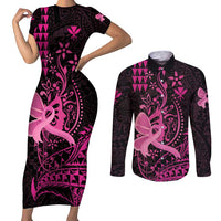 Hawaii Breast Cancer Couples Matching Short Sleeve Bodycon Dress and Long Sleeve Button Shirt Girl Floral Kakau Pattern LT01 Pink - Polynesian Pride