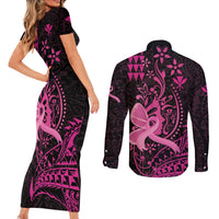 Hawaii Breast Cancer Couples Matching Short Sleeve Bodycon Dress and Long Sleeve Button Shirt Girl Floral Kakau Pattern LT01 - Polynesian Pride