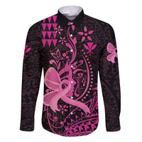 Hawaii Breast Cancer Family Matching Summer Maxi Dress and Hawaiian Shirt Girl Floral Kakau Pattern LT01 Dad's Shirt - Long Sleeve Pink - Polynesian Pride