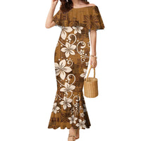 Plumeria Floral Tapa Pattern Vintage Gold Family Matching Mermaid Dress and Hawaiian Shirt LT01 Mom's Dress Gold - Polynesian Pride