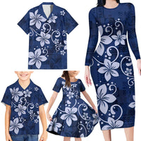 Plumeria Floral Tapa Pattern Navy Blue Family Matching Long Sleeve Bodycon Dress and Hawaiian Shirt LT01 - Polynesian Pride