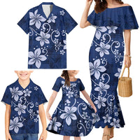 Plumeria Floral Tapa Pattern Navy Blue Family Matching Mermaid Dress and Hawaiian Shirt LT01 - Polynesian Pride
