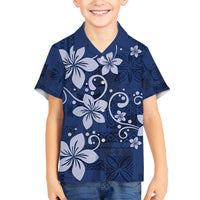 Plumeria Floral Tapa Pattern Navy Blue Family Matching Off Shoulder Short Dress and Hawaiian Shirt