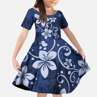 Plumeria Floral Tapa Pattern Navy Blue Family Matching Puletasi and Hawaiian Shirt LT01 Daughter's Dress Blue - Polynesian Pride