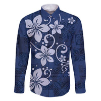 Plumeria Floral Tapa Pattern Navy Blue Family Matching Puletasi and Hawaiian Shirt LT01 Dad's Shirt - Long Sleeve Blue - Polynesian Pride