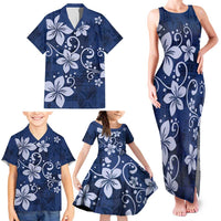 Plumeria Floral Tapa Pattern Navy Blue Family Matching Tank Maxi Dress and Hawaiian Shirt