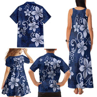 Plumeria Floral Tapa Pattern Navy Blue Family Matching Tank Maxi Dress and Hawaiian Shirt