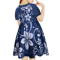 Plumeria Floral Tapa Pattern Navy Blue Kid Short Sleeve Dress