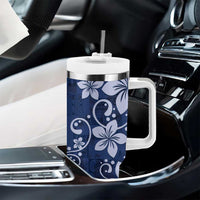 Plumeria Floral Tapa Pattern Navy Blue Tumbler With Handle