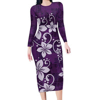 Plumeria Floral Tapa Pattern Amethyst Purple Family Matching Long Sleeve Bodycon Dress and Hawaiian Shirt LT01 Mom's Dress Purple - Polynesian Pride