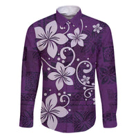 Plumeria Floral Tapa Pattern Amethyst Purple Family Matching Off The Shoulder Long Sleeve Dress and Hawaiian Shirt
