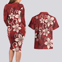 Plumeria Floral Tapa Pattern Oxblood Red Couples Matching Long Sleeve Bodycon Dress and Hawaiian Shirt
