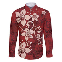 Plumeria Floral Tapa Pattern Oxblood Red Family Matching Long Sleeve Bodycon Dress and Hawaiian Shirt LT01 Dad's Shirt - Long Sleeve Red - Polynesian Pride