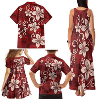 Plumeria Floral Tapa Pattern Oxblood Red Family Matching Tank Maxi Dress and Hawaiian Shirt