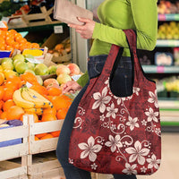 Plumeria Floral Tapa Pattern Oxblood Red Grocery Bag