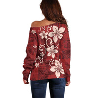 Plumeria Floral Tapa Pattern Oxblood Red Off Shoulder Sweater LT01 - Polynesian Pride