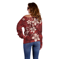 Plumeria Floral Tapa Pattern Oxblood Red Off Shoulder Sweater LT01 - Polynesian Pride