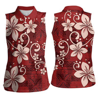 Plumeria Floral Tapa Pattern Oxblood Red Women Sleeveless Polo Shirt LT01 - Polynesian Pride