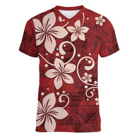 Plumeria Floral Tapa Pattern Oxblood Red Women V-Neck T-Shirt LT01 Female Red - Polynesian Pride