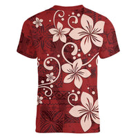 Plumeria Floral Tapa Pattern Oxblood Red Women V-Neck T-Shirt LT01 - Polynesian Pride