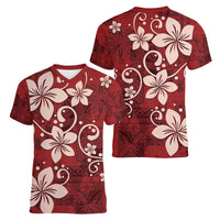 Plumeria Floral Tapa Pattern Oxblood Red Women V-Neck T-Shirt LT01 - Polynesian Pride