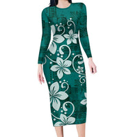 Plumeria Floral Tapa Pattern Crystal Teal Family Matching Long Sleeve Bodycon Dress and Hawaiian Shirt LT01 Mom's Dress Teal - Polynesian Pride