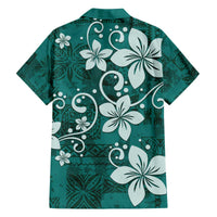 Plumeria Floral Tapa Pattern Crystal Teal Family Matching Off The Shoulder Long Sleeve Dress and Hawaiian Shirt