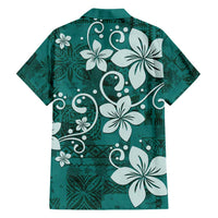 Plumeria Floral Tapa Pattern Crystal Teal Family Matching Short Sleeve Bodycon Dress and Hawaiian Shirt LT01 - Polynesian Pride