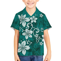 Plumeria Floral Tapa Pattern Crystal Teal Family Matching Tank Maxi Dress and Hawaiian Shirt LT01 Son's Shirt Teal - Polynesian Pride